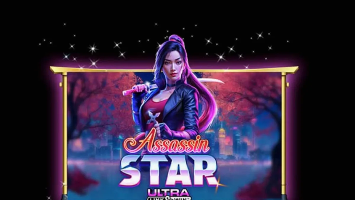 Pemandangan neon-noir Jepang dalam slot Assassin Star dengan elemen bunga sakura dan teknologi futuristik.